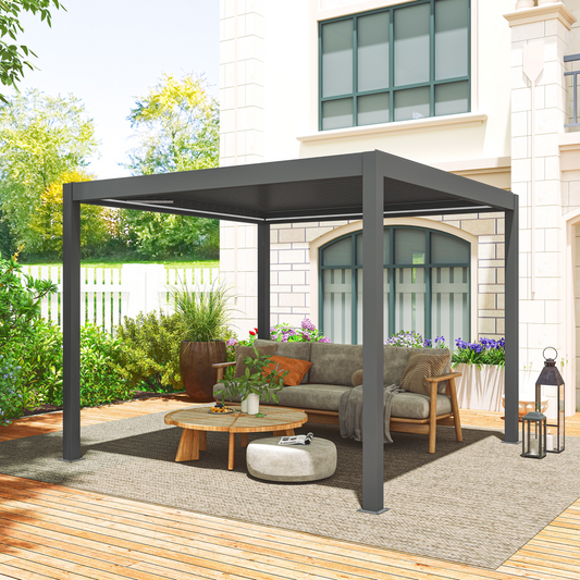 Outsunny 3 x 3(m) Electric Louvered Pergola Aluminium Pergola w/ LED Light