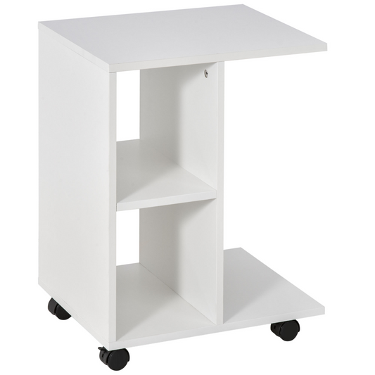 C-Shape End Table Storage Unit w/ 2 Shelves 4 Wheels Home Office White