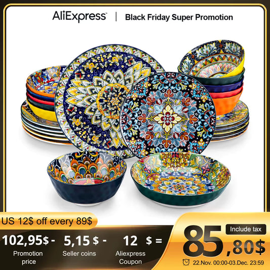 vancasso 24 Piece Ceramic Dinnerware Set Stoneware Bohemian Style Dinnerware with Dinner/Dessert Plate/Cereal/Pasta Bowl For 6