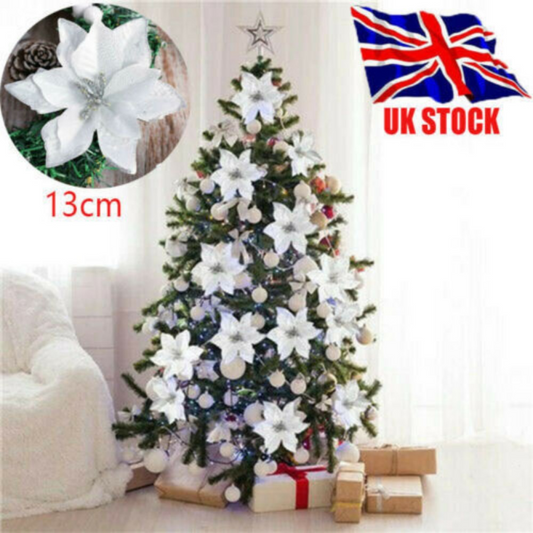 10PCS Artificial Flowers Glitter White Christmas Decor Wreath Tree Xmas Gifts UK