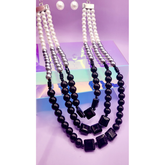 Square Pearl Multi Layer Necklace & Earrings