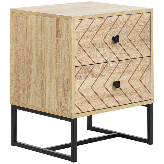 Bedside Table 2 Drawer Unit Zig Zag Design w/ Black Metal Handles