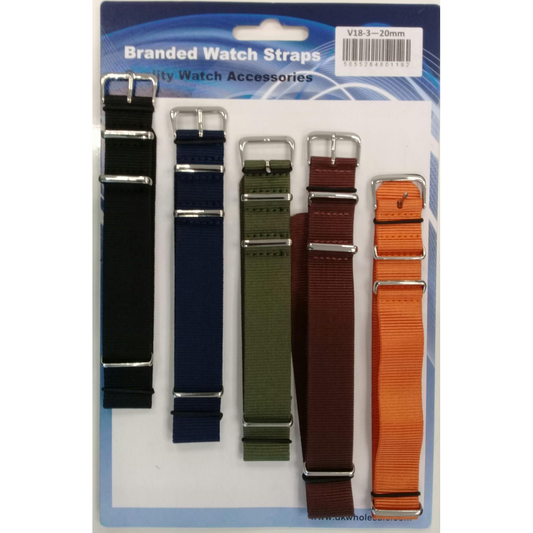 Nato style fabric watch strap 5pk assorted plain colours V18.22mm