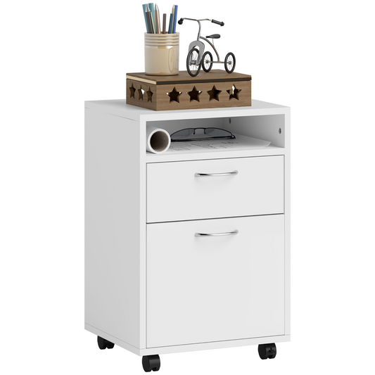 HOMCOM 60cm Storage Cabinet w/ Drawer Open Shelf Metal Handles 4 Wheels White