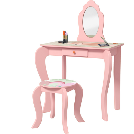 ZONEKIZ Kids Dressing Table with Mirror Stool Drawer, Cute Animal Design, Pink
