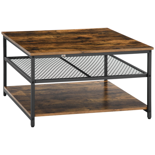 HOMCOM Industrial Coffee Table, Cocktail Table Storage Shelves, Rustic Brown