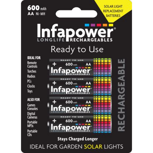 Infapower Rechargeable Batteries AA 600mAh (4pcs) Ni-Mh (Ideal for Garden Solar lights)