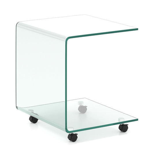 Modern Tempered Glass Side Table with 2-tier Shelf-Transparent