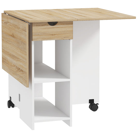 HOMCOM Folding Dining Table, Drop Leaf Table for Small Spaces, Foldable Table with Drawer and Storage Shelves for Kitchen, Dining Room, Oak