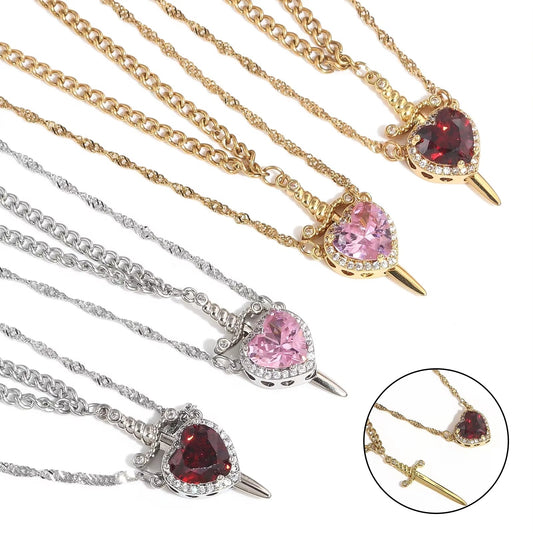 New Heart And Sword Necklace Set Gold Color Stainless Steel Crystal Couple Necklaces For Women Men Boyfriend Girlfriend Gifts | Luxury Home Accessories | Heulog Glow