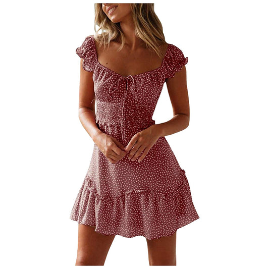 New Splicing Ruffled Floral Skirt Short-sleeved Printed U-Neck And High-Waisted Dress | Luxury Home Accessories | Heulog Glow