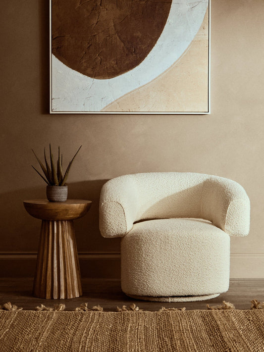 Oliveto Ivory Boucle Curved Swivel Armchair | Luxury Home Accessories | Heulog Glow
