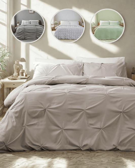 OLIVIA ROCCO Textured Pintuck Ruffles Pleated Microfibre Duvet Cover Set With Pillowcases | Luxury Home Accessories | Heulog Glow
