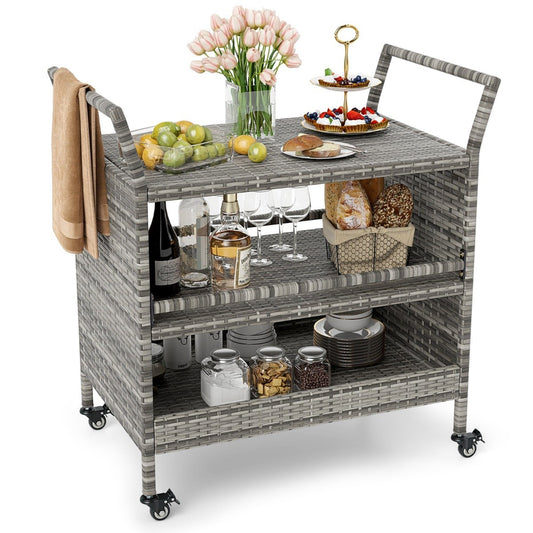 Outdoor Bar Cart 3-Tier Patio Rattan Storage Shelf Wicker Serving Table