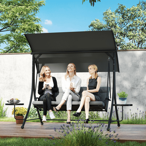 Outsunny 3 Seat Garden Swing Chair Steel w/ Adjustable Canopy and Coffee Tables | Luxury Home Accessories | Heulog Glow