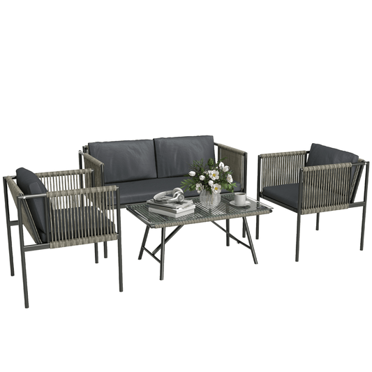 Outsunny 4 Seater Wicker Outdoor Furniture Set with Glass Coffee Table Grey | Luxury Home Accessories | Heulog Glow