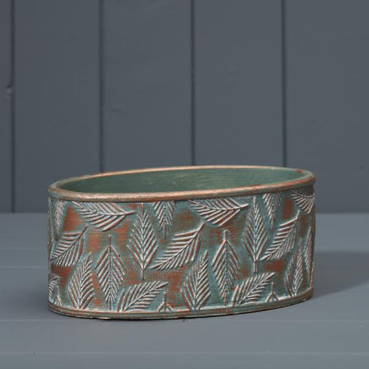 Green and Copper Wash Cement Oval Planter L20xD11xH9cm