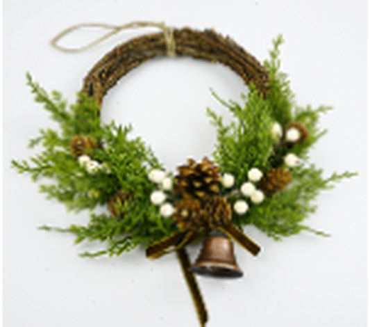 Twig Wreath With white Berry, Pinecones with Bells and Bow Detail Medium