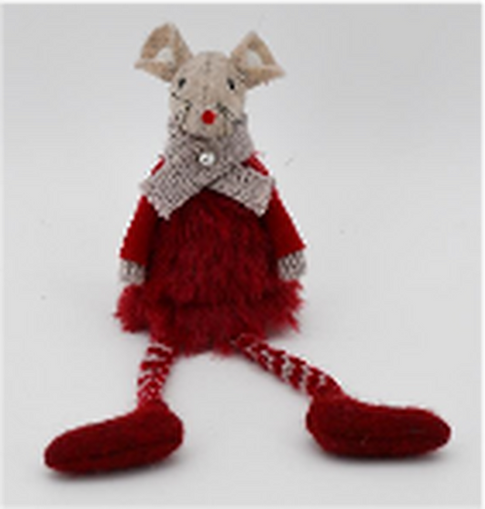 Fabric Sitting Mouse In Winter Outfit in Red