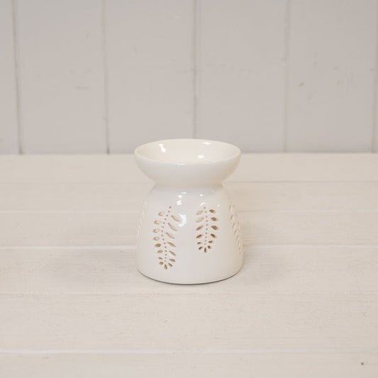 Small White Ceramic Glazed Oil Burner with Leaf Design