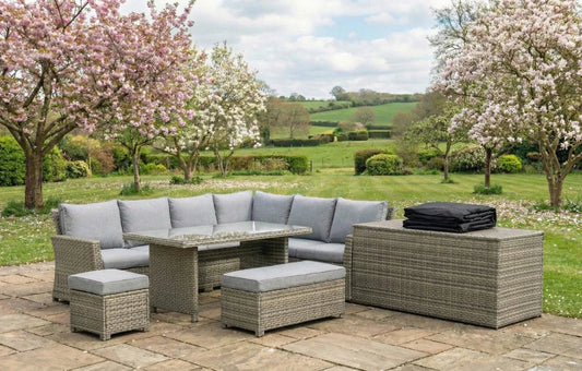 Palma Grey Rattan Garden Lounge Set, Cover and Cushion Box Bundle | Luxury Home Accessories | Heulog Glow