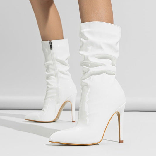 Patent Leather High Heel Pointed Stiletto Heel Pile Style Boots | Luxury Home Accessories | Heulog Glow