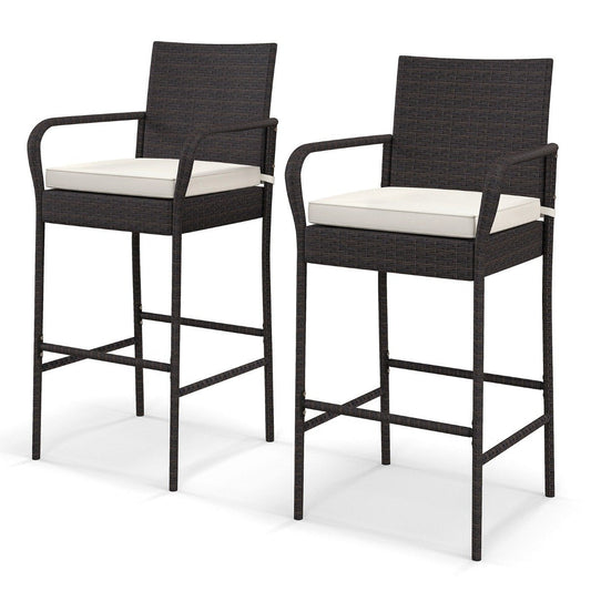 Patio Wicker Barstools Set of 2 with Armrests and Soft Cushions-2 Pack