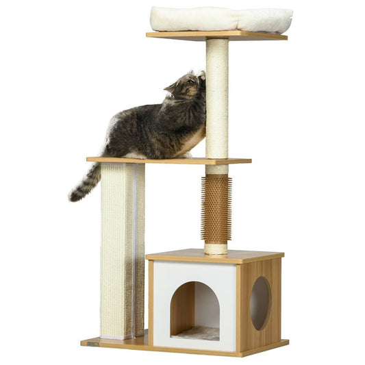 PawHut 114cm Cat Tree - Indoor Cats Scratching Posts, Cat House, Cat Bed. High-Quality & Durable! | Luxury Home Accessories | Heulog Glow