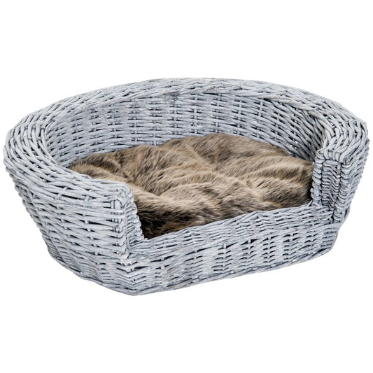 PawHut Wicker Pet Bed Willow Dog Cat Sofa Couch Puppy Basket with Cushion Grey 57L x 46W x 17.5H cm | Luxury Home Accessories | Heulog Glow
