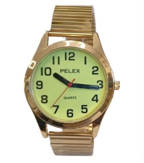 Pelex Mens Big number Gold Case Night Glow Dial Gold Bracelet Strap Quartz Watch