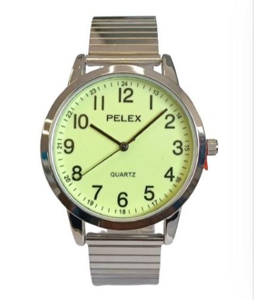 Pelex Mens Big number Silver Case Night Glow Dial Silver Bracelet Strap Quartz Watch