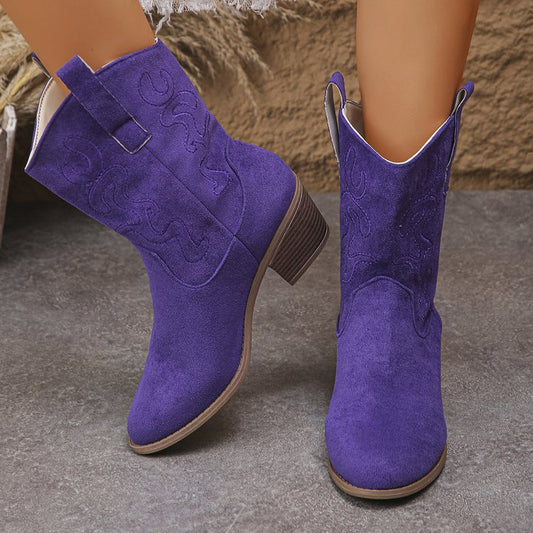 Pointed Toe Western Boots Fashion Retro Embroidered Chunky Square-heeled Mid-calf Boot For Women | Luxury Home Accessories | Heulog Glow