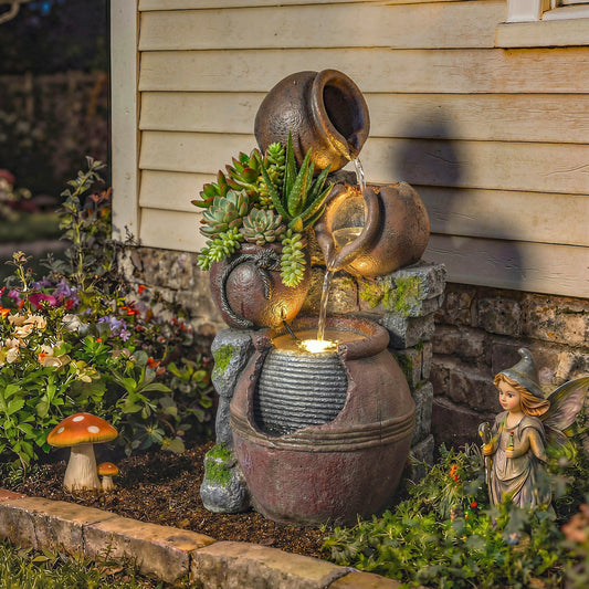 Outsunny Outdoor Fountain with 4-Tier Rustic Pots & Planter, Garden Fountain with LED Lights, Rustic Brown