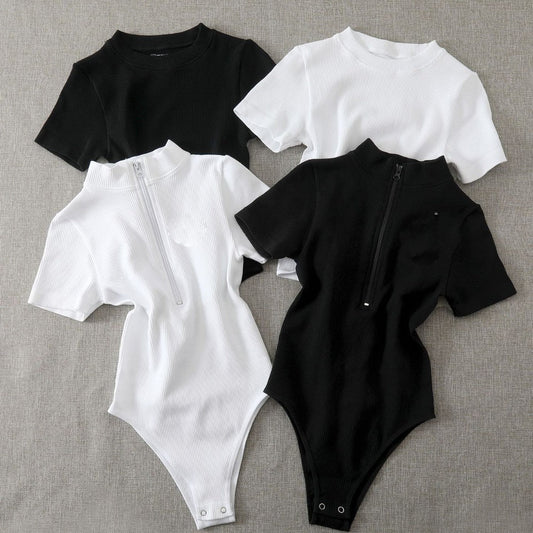 Ribbed Short-sleeve Tight-fitting High-stretch Turtleneck Zip-up Bodysuit | Luxury Home Accessories | Heulog Glow
