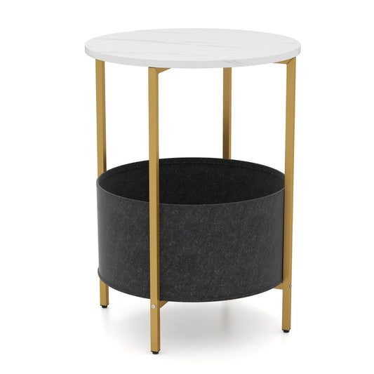 Round End Table for Small Space with Removable Fabric Basket and Metal Frame-White