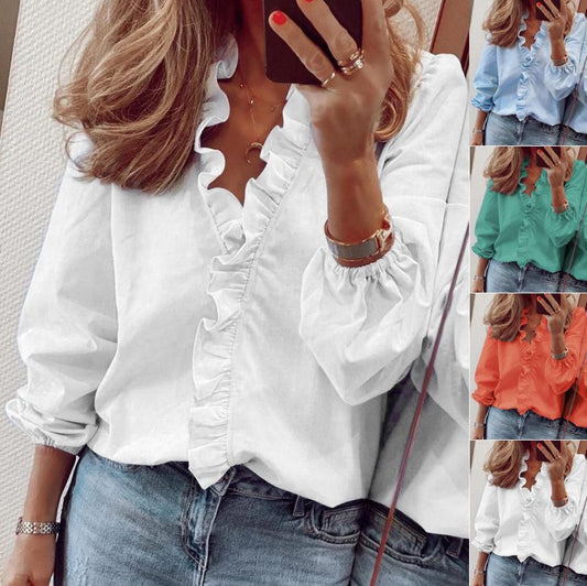 Ruffle Blouse Office Commuting Long-sleeved Pullover Shirt Women's Fashion Casual Daily Tops Clothing | Luxury Home Accessories | Heulog Glow