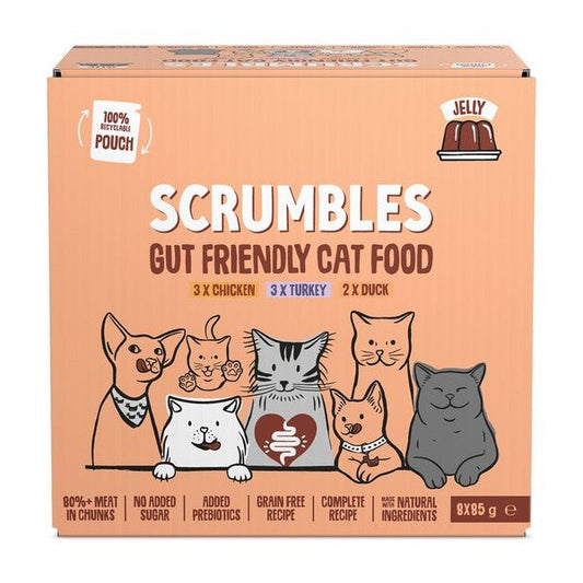 Scrumbles Grain Free Wet Cat Jelly Recyclable Pouch Meat Selection 8x85g | Luxury Home Accessories | Heulog Glow