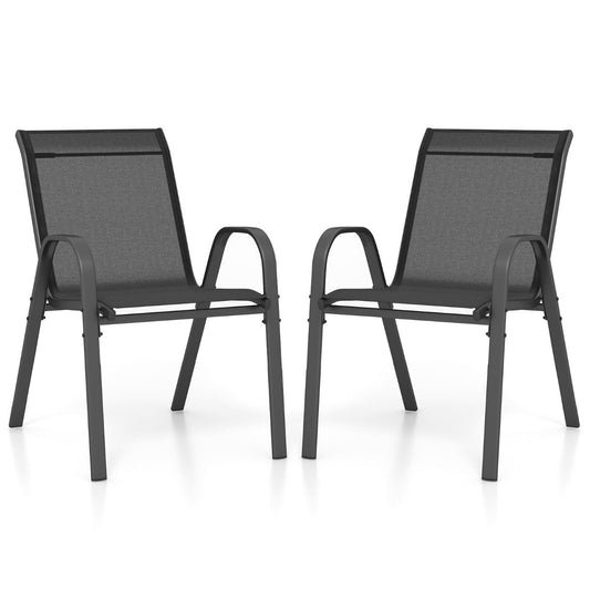 Set of 2 Patio Stackable Metal Dining Chairs with Armrests-Black