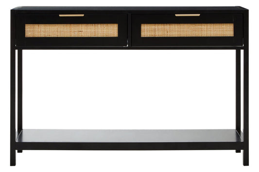 Sherman Black Wood and Rattan Two Drawer Console Table | Luxury Home Accessories | Heulog Glow
