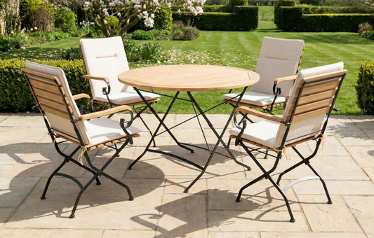 Sicily 4 Seater Teak and Wrought Iron Round 110cm Garden Dining Set | Luxury Home Accessories | Heulog Glow