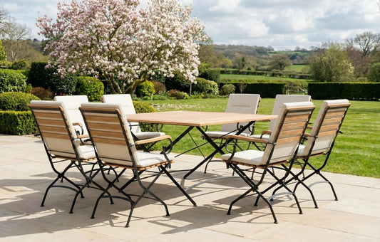 Sicily 8 Seater Teak and Wrought Iron Square 140cm Garden Dining Set | Luxury Home Accessories | Heulog Glow