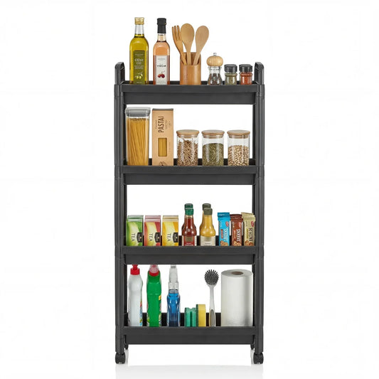 Slim Rolling Storage Cart 4-Tier Bathroom Organizer with Handles-Black