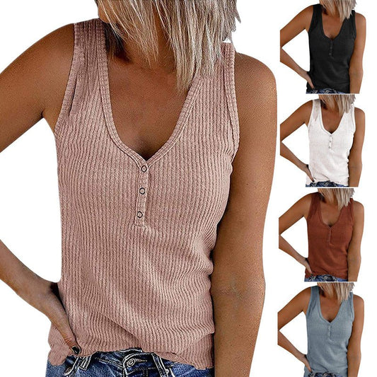 Summer New Women's Button Vest V-neck Sleeveless T-shirt | Luxury Home Accessories | Heulog Glow