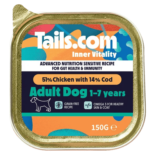 Tails.com Inner Vitality Sensitive Adult Chicken & Cod Alu Tray 150g | Luxury Home Accessories | Heulog Glow