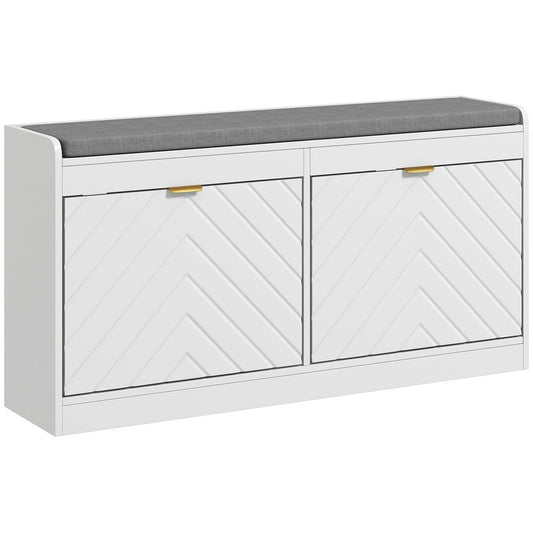 HOMCOM Shoe Bench with 2 Flip Drawers, Cushion, 8 Pairs for Entryway White