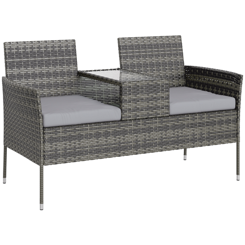 Outsunny Rattan Garden Bench w/ Glass Tea Table, Wicker Chair w/ Cushions