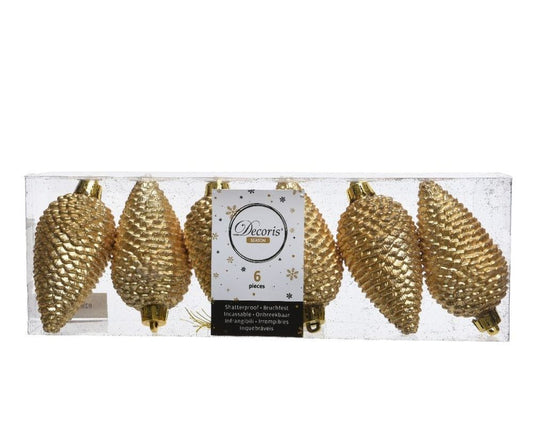 Shatterproof Light Gold Glitter Pine Cone 8cm Pack of 6 - Christmas Tree Decoration