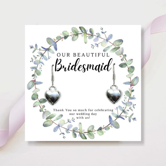 Bridesmaids Heart Earrings & Eucalyptus Thank You Card