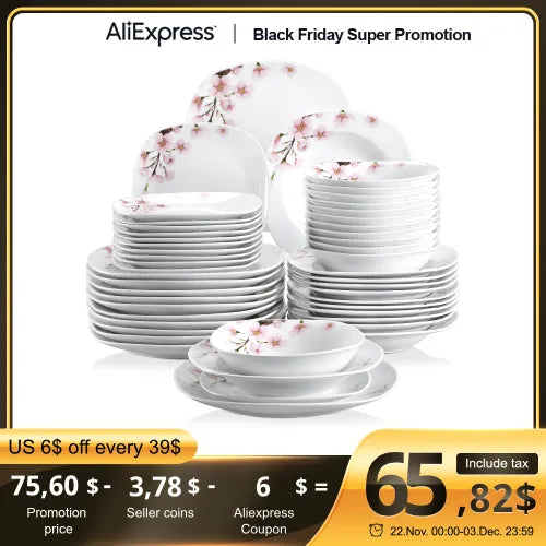VEWEET ANNIE 48-Piece Porcelain Ceramic Tableware Dinner Plate Set with Bowl,Dessert Plate,Soup Plate,Dinner Plate for 12 Person