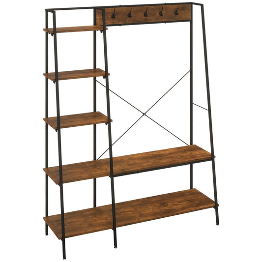 HOMCOM Coat Rack, Coat Stand with Shoe Storage, 5 Hooks for Hallway, Brown
